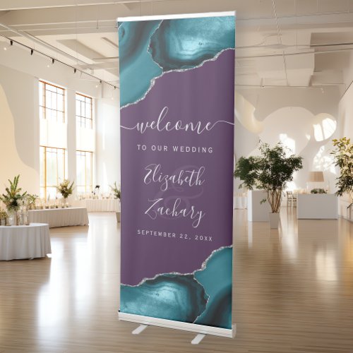 Teal Blue Silver Agate Purple Wedding Welcome Retractable Banner