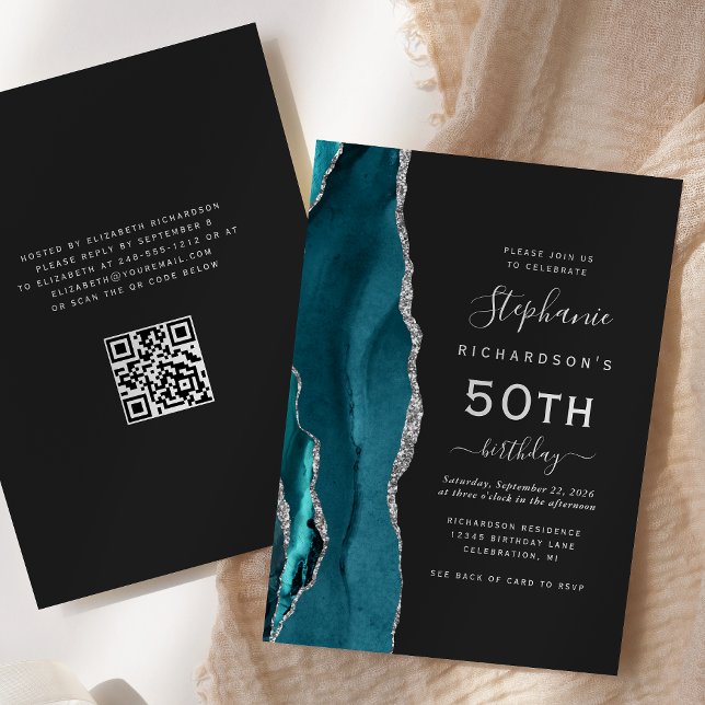 Teal Blue Silver Agate QR Code 50th Birthday Invitation (Creator Uploaded)