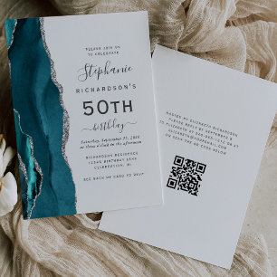 Teal Blue Silver Agate QR Code 50th Birthday Invitation