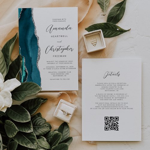 Teal Blue Silver Agate QR Code Wedding Invitation