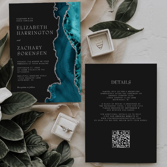 Teal Blue Silver Agate QR Code Wedding Invitation (Creator Uploaded)