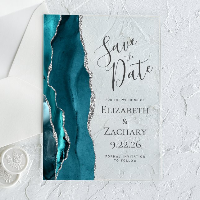 Teal Blue Silver Agate Save the Date Card (Creator Uploaded)