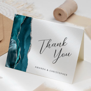 Teal Blue Silver Agate Script Wedding Thank You Card