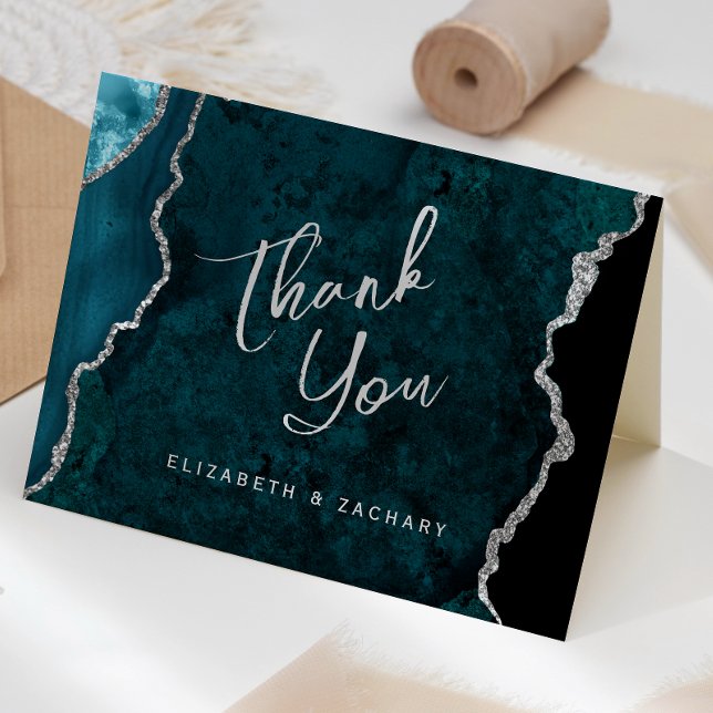 Teal Blue Silver Agate Script Wedding Thank You Card (Creator Uploaded)