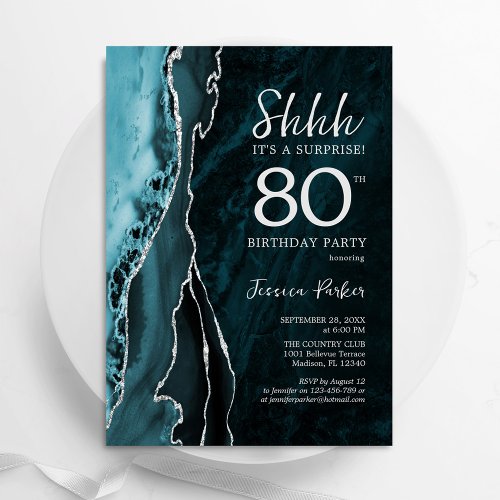 Teal Blue Silver Agate Surprise 80th Birthday Invitation