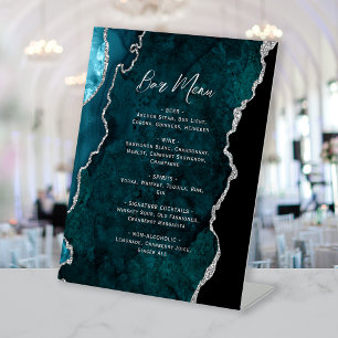 Teal Blue Silver Agate Wedding Bar Menu Pedestal Sign