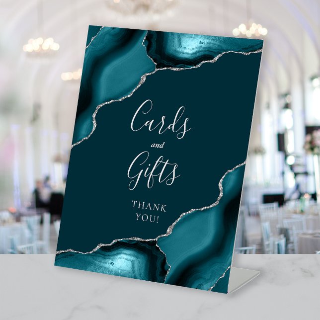 Teal Blue Silver Agate Wedding Cards and Gifts Pedestal Sign (Creator Uploaded)