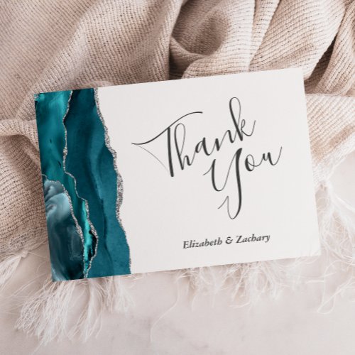 Teal Blue Silver Agate Wedding Flat Thank You Card