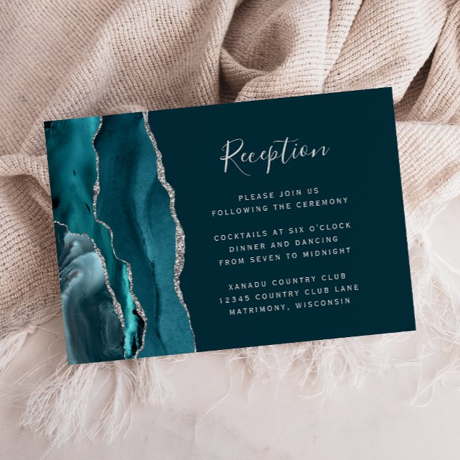 Teal Blue Silver Agate Wedding Reception Enclosure Card (Creator Uploaded)