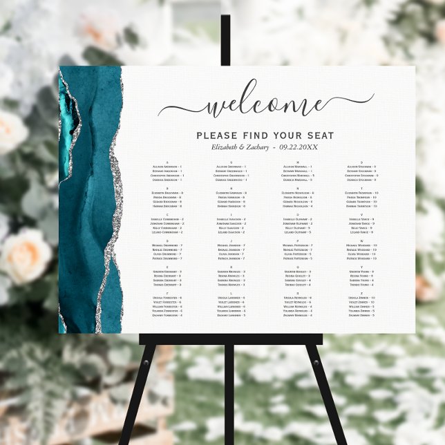 Teal Blue Silver Agate Wedding Seating Chart Foam Board (Creator Uploaded)