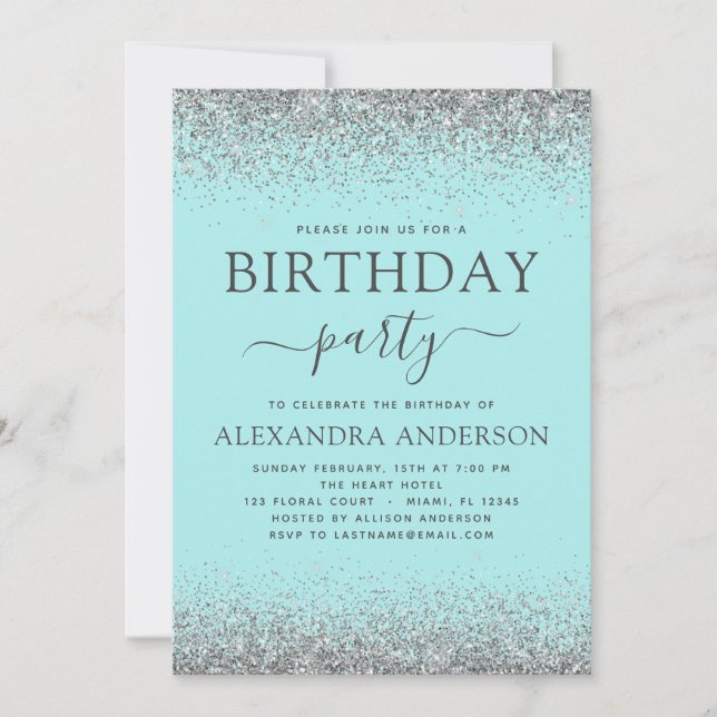Teal Blue Silver Any Age Birthday Glitter Modern Invitation (Front)