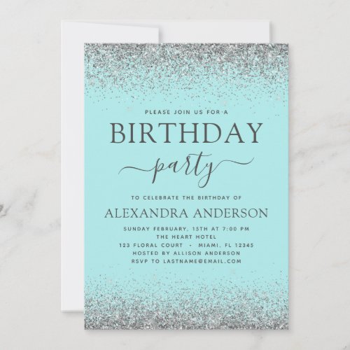 Teal Blue Silver Any Age Birthday Glitter Modern Invitation