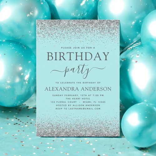 Teal Blue Silver Any Age Birthday Glitter Modern Invitation