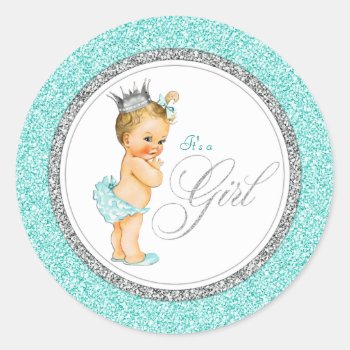 Teal Blue Silver Baby Shower Classic Round Sticker by BabyCentral at Zazzle