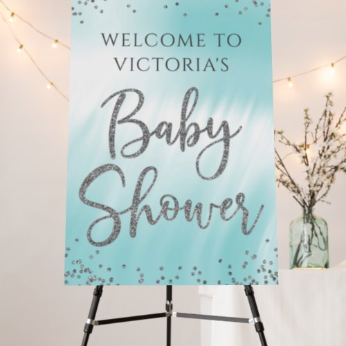 Teal Blue Silver Baby Shower Welcome Sign