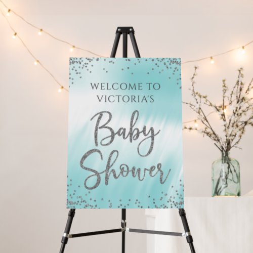 Teal Blue Silver Baby Shower Welcome Sign