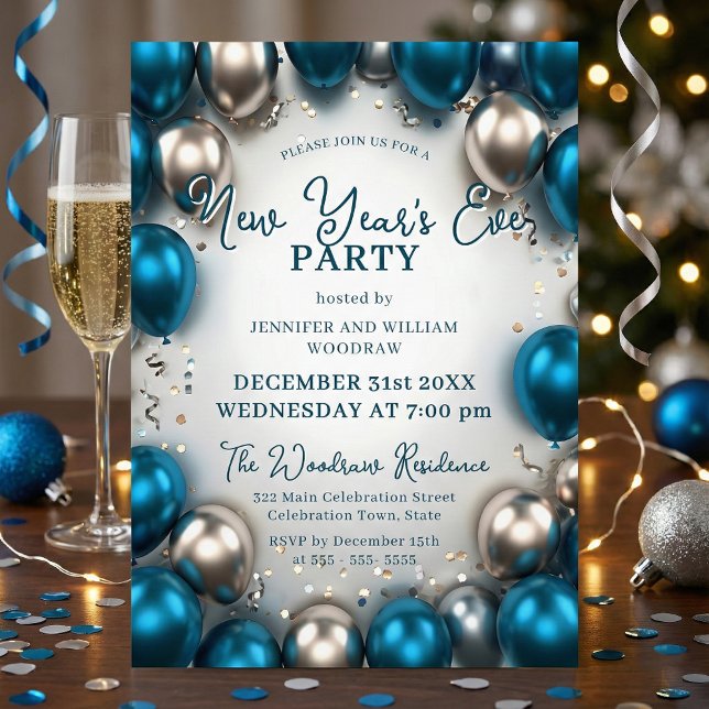 Teal Blue Silver Balloons Confetti New Year's Eve Invitation (Creator Uploaded)