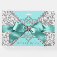 Teal Blue Silver Birthday Party Wedding Guest Book