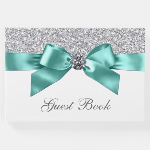 Teal Blue Silver Birthday Wedding Guest Book