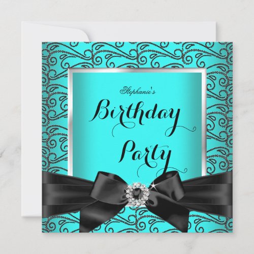 Teal Blue Silver Black Diamonds Birthday Party Invitation