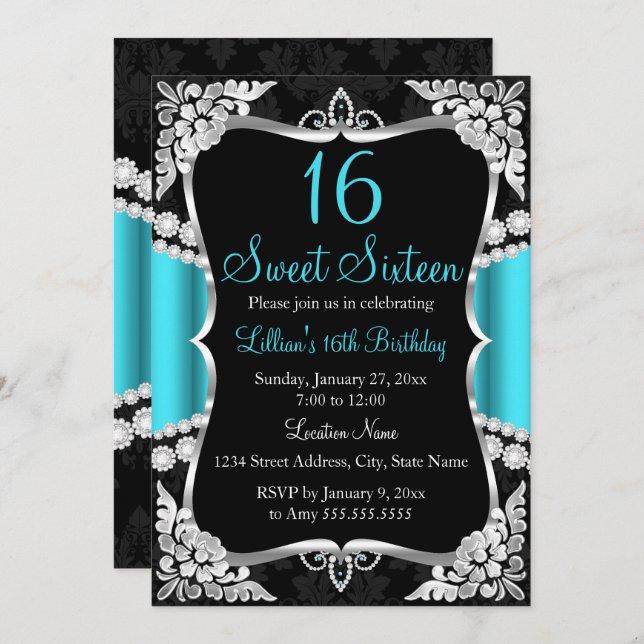 Teal Blue Silver Black Tiara Sweet 16 Invitation (Front/Back)