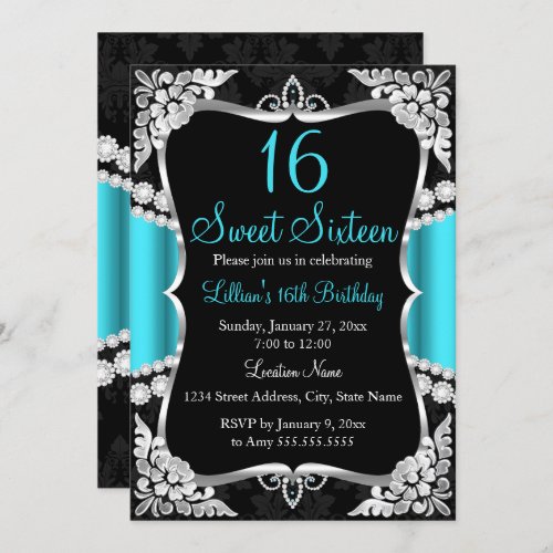 Teal Blue Silver Black Tiara Sweet 16 Invitation