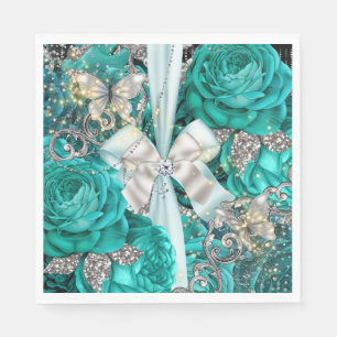 Teal blue silver butterfly rose shabby vintage napkins