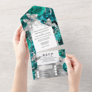 Teal blue silver butterfly shimmer glitter rose all in one invitation
