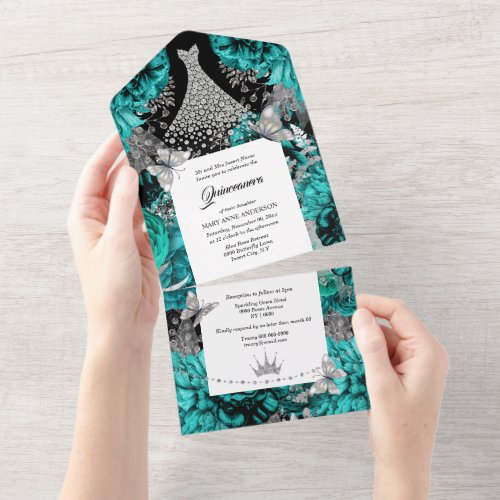Teal blue silver butterfly sparkling gown birthday all in one invitation