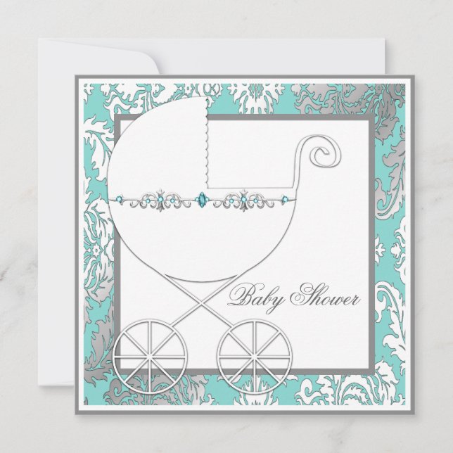 Teal Blue Silver Carriage Baby Shower Invitations (Front)