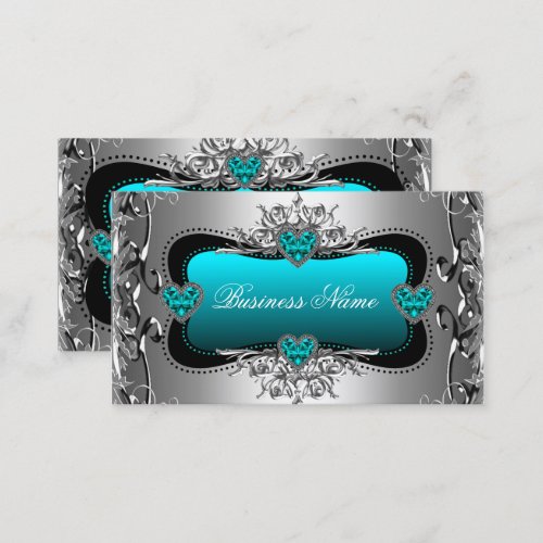 Teal Blue Silver Diamond Image Hearts Elegant Business Card