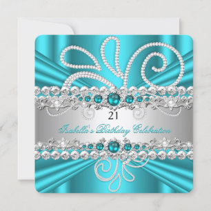 Teal Blue Silver Diamonds Pearl Birthday Party Invitation