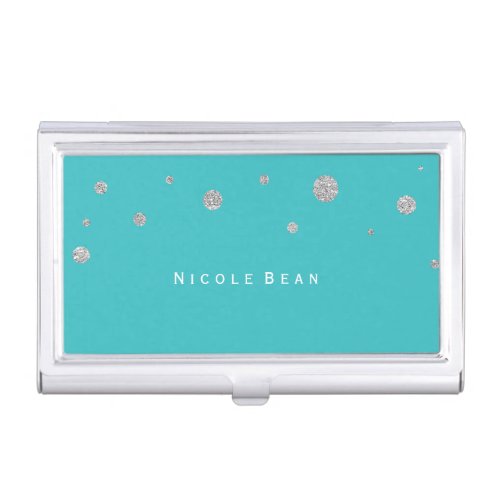 Teal Blue  Silver Dots Business Card Holder