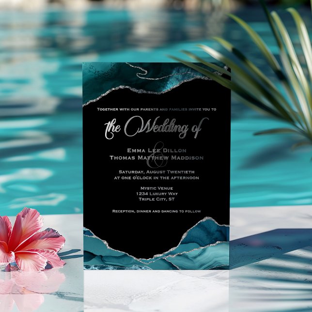 Teal Blue Silver Faux Glitter Agate Wedding Foil Invitation (Creator Uploaded)