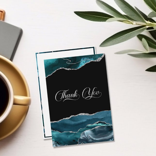 Teal Blue Silver Faux Glitter Thank You Card (Creator Uploaded)