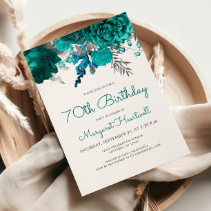 Teal Blue Silver Floral 70th Birthday Party Invitation