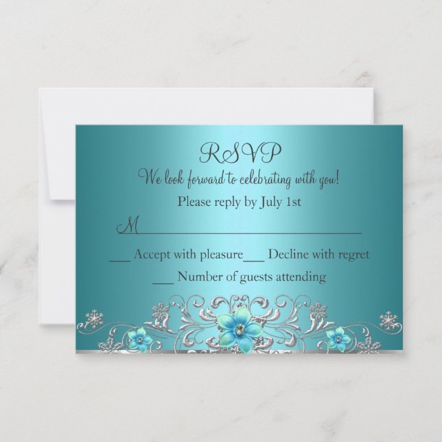 Teal Blue Silver Floral Swirl RSVP Card (Front)