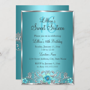 Teal Blue Silver Floral Swirl Sweet 16 Invitation