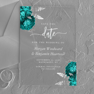 Teal Blue Silver Floral Wedding Save the Date