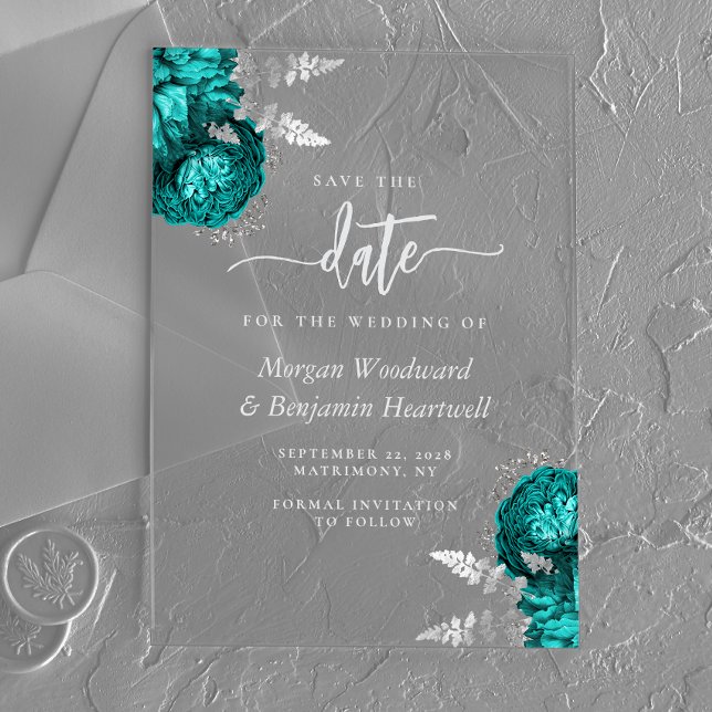 Teal Blue Silver Floral Wedding Save the Date (Creator Uploaded)
