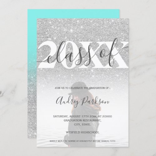 Teal blue silver glitter 2020 photo graduation invitation