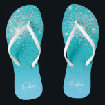 Teal blue silver glitter aqua sea green monogram flip flops<br><div class="desc">A teal,  blue sea,  ocean green glitter gradient background. Decorated with faux silver glitter drops. Personalize and add a name and monogram letters. A modern hand lettered style script,  white and blue letters</div>