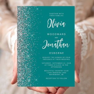 Teal Blue Silver Glitter Calligraphy Wedding Invitation