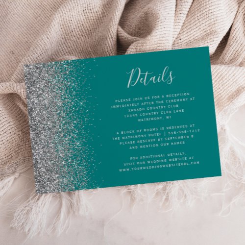Teal Blue Silver Glitter Edge Wedding Details Enclosure Card