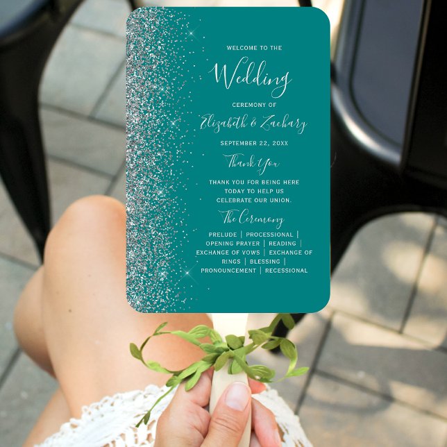 Teal Blue Silver Glitter Edge Wedding Program Hand Fan (Creator Uploaded)