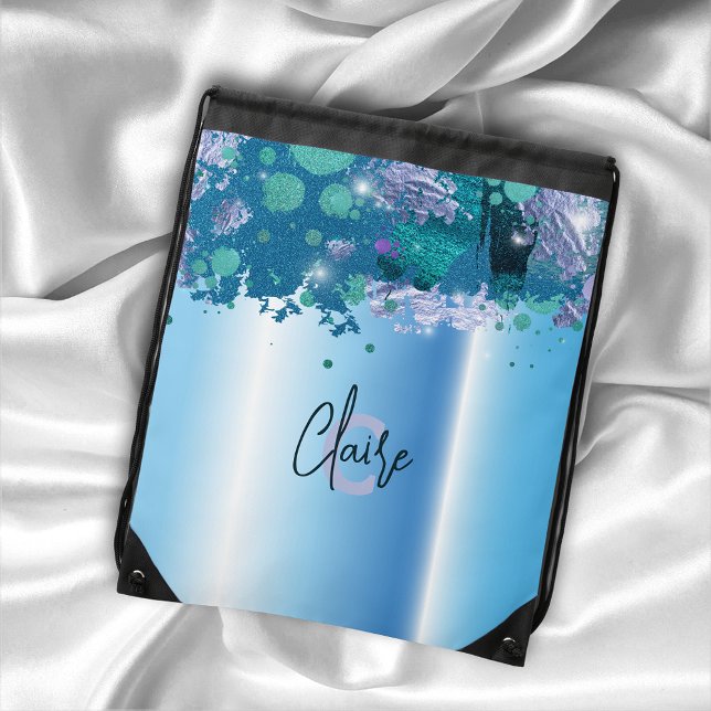 Teal Blue Silver Glitter Foil Abstract Monogram Drawstring Bag (Creator Uploaded)