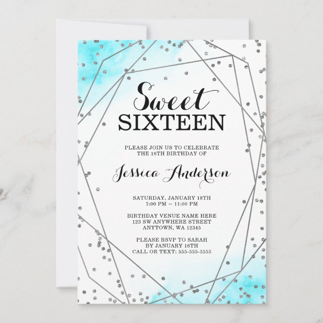 Teal Blue Silver Glitter Geometric Sweet 16 Invitation (Front)