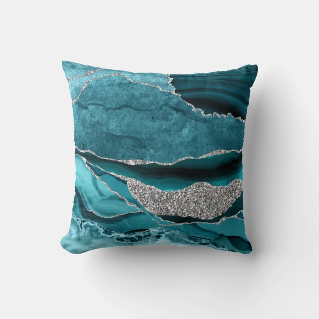Teal Blue Silver Glitter Luxury Agate Geode Throw Pillow (Front)