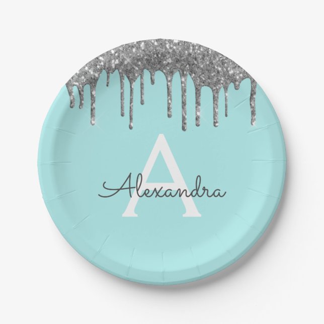 Teal Blue Silver Glitter Monogram Birthday Paper Plates (Front)