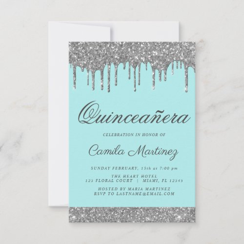 Teal Blue Silver Glitter Quinceaera Celebration Invitation